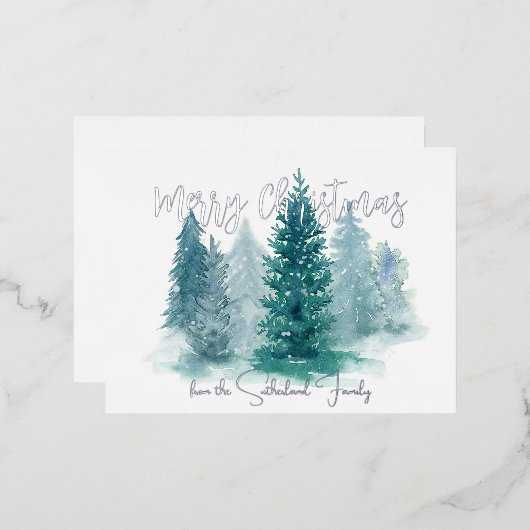 冬のシーン水の色の森メリークリスマス 箔シーズンポストカード (正面/裏面)