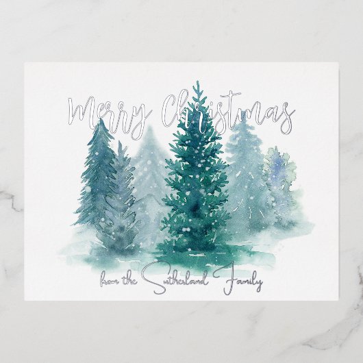 冬のシーン水の色の森メリークリスマス 箔シーズンポストカード (正面)
