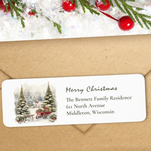 冬のシーン雪の松の緑のクリスマスリターン ラベル