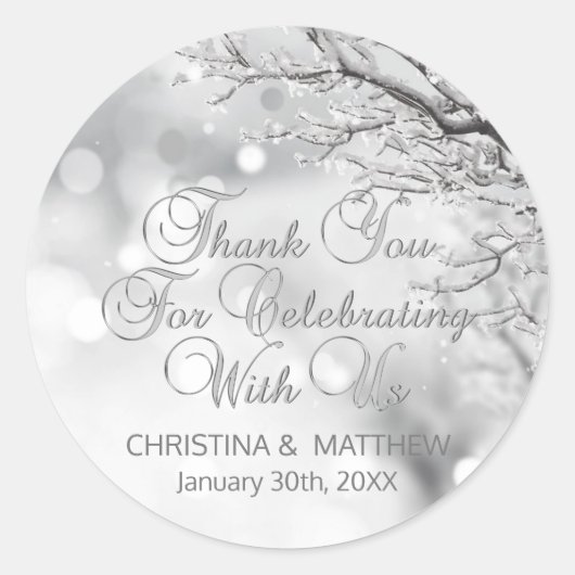 冬のシーン雪の結晶ありがとう結婚 ラウンドシール (正面)