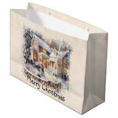 冬のシーン(コテージと雪だるま) ラージペーパーバッグ (正面アングル)