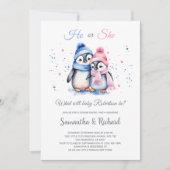 冬のジェンダーが明らかにする可愛い小さなペンギン 招待状 (正面)