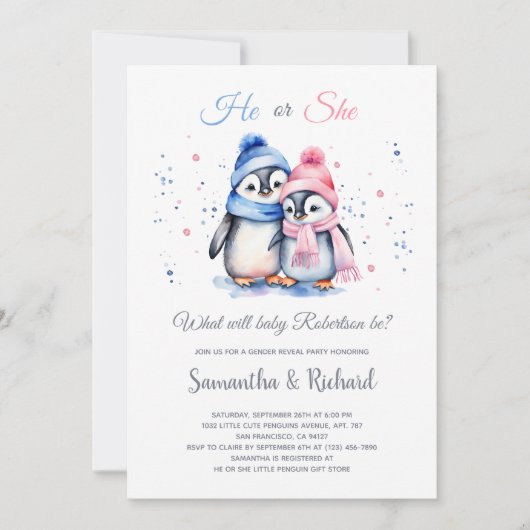 冬のジェンダーが明らかにする可愛い小さなペンギン 招待状 (正面)