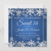 冬のスイート16誕生日ブルーシルバースノーフレーク 招待状 (正面)