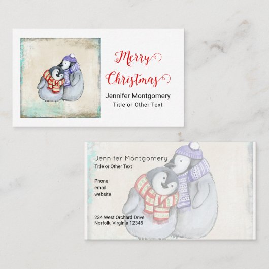 冬のスカーフで楽しいクリスマスかわいいペンギン 名刺 (正面/裏面)