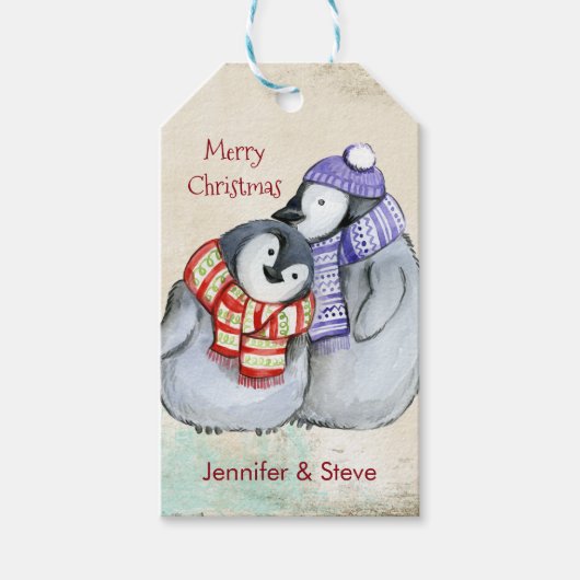 冬のスカーフと帽子のかわいいペンギン ギフトタグ (正面)