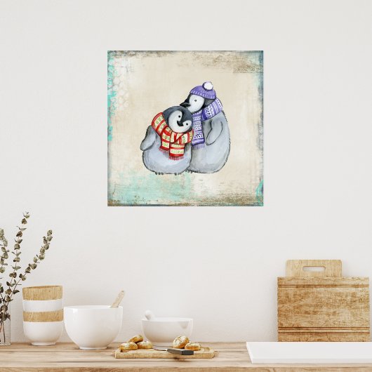 冬のスカーフと帽子のかわいいペンギン ポスター (キッチン)