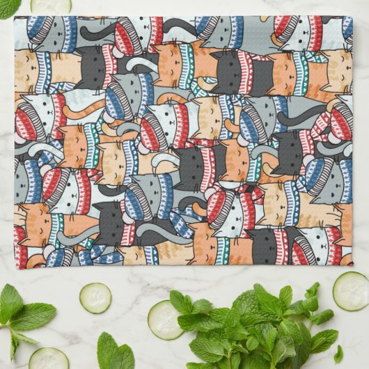 冬のスカーフと帽子の柄の猫 キッチンタオル (折り畳み)