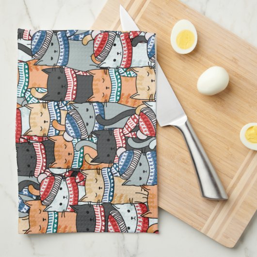 冬のスカーフと帽子の柄の猫 キッチンタオル (四つ折り)