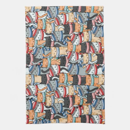 冬のスカーフと帽子の柄の猫 キッチンタオル (縦)