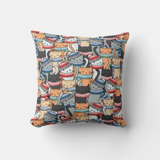 冬のスカーフと帽子の柄の猫 クッション (正面)