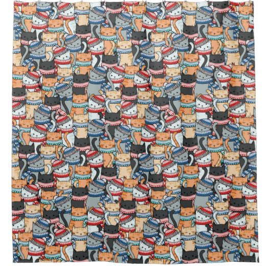 冬のスカーフと帽子の柄の猫 シャワーカーテン (正面)