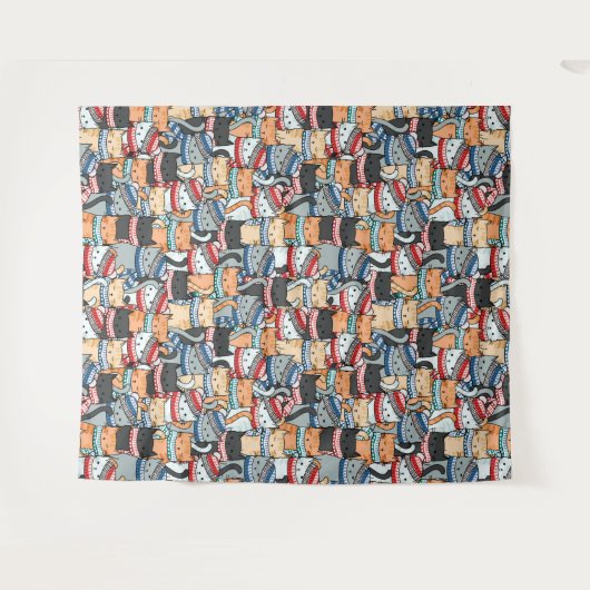 冬のスカーフと帽子の柄の猫 タペストリー (正面(横))