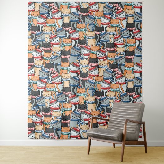 冬のスカーフと帽子の柄の猫 タペストリー (インサイチュ)