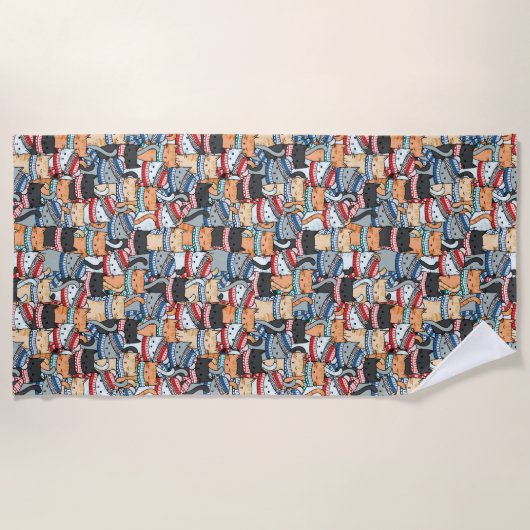 冬のスカーフと帽子の柄の猫 ビーチタオル (正面)