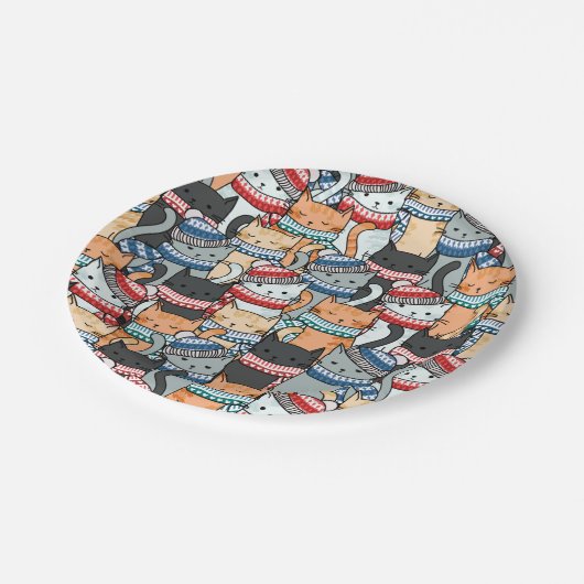 冬のスカーフと帽子の柄の猫 ペーパープレート (アングル)