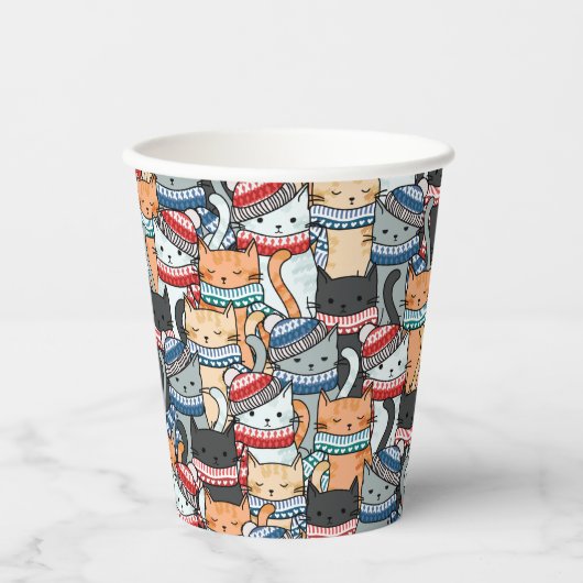 冬のスカーフと帽子の柄の猫 紙コップ (正面)