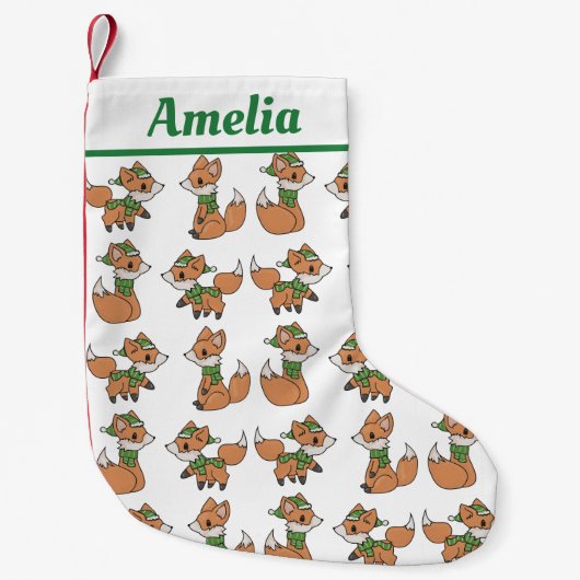 冬のスカーフのキツネ パーソナライズされた スモールクリスマスストッキング (正面)