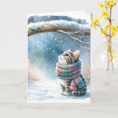 冬のスカーフを巻いたクリスマス子猫 カード (黄色い花)
