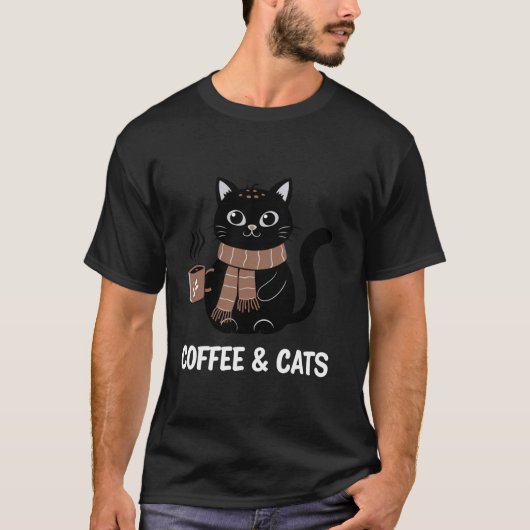 冬のスカーフを巻いたコーヒーと猫のかわいい黒猫A Tシャツ (正面)