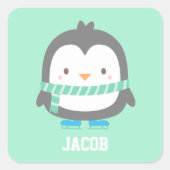 冬のスカーフを巻いた可愛いリトルペンギン子供へ スクエアシール (正面)