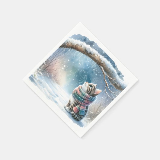 冬のスカーフを巻いた子猫 スタンダードカクテルナプキン (角)