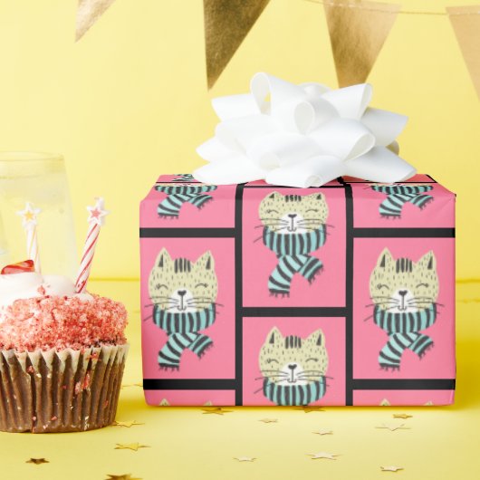 冬のスカーフを巻いた猫 ラッピングペーパー (誕生日パーティー)