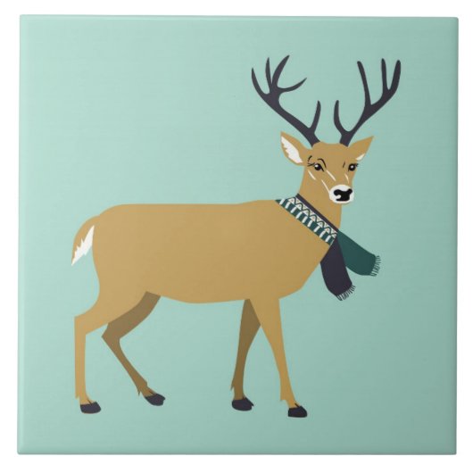 冬のスカーフを巻くトナカイ（クリスマス動物） タイル (正面)