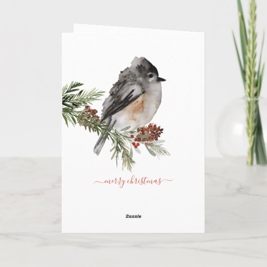 冬のスズメのトウヒ赤い果実メリークリスマス シーズンカード (裏面)