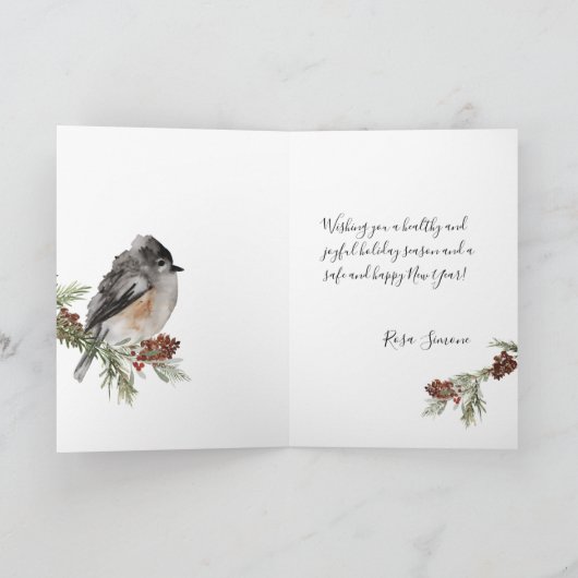 冬のスズメのトウヒ赤い果実メリークリスマス シーズンカード (内部)