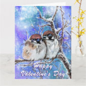 冬のスズメカップルのバレンタインデーのカード カード (黄色い花)