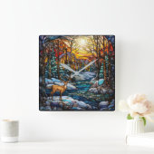 冬のステンドグラスの壁時計 スクエア壁時計 (ホーム)