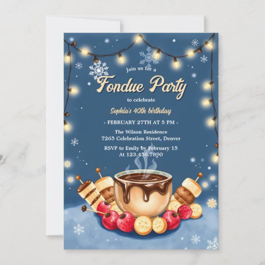 冬のストロベリーチョコレートフォンデュ誕生日パーティー 招待状 (正面)