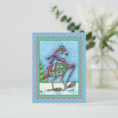 冬のスノーシューズ&コートピンクフラミンゴトレッキング シーズンポストカード (スタンド正面)