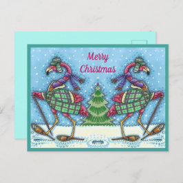 冬のスノーシューズ&コートピンクフラミンゴトレッキング シーズンポストカード