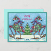 冬のスノーシューズ&コートピンクフラミンゴトレッキング シーズンポストカード (正面/裏面)