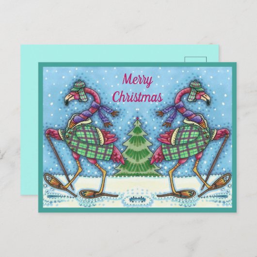 冬のスノーシューズ&コートピンクフラミンゴトレッキング シーズンポストカード (正面/裏面)