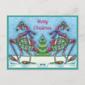 冬のスノーシューズ&コートピンクフラミンゴトレッキング シーズンポストカード (正面)