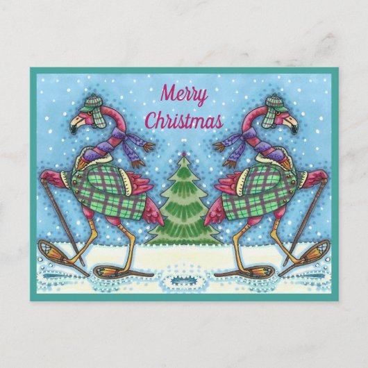 冬のスノーシューズ&コートピンクフラミンゴトレッキング シーズンポストカード (正面)