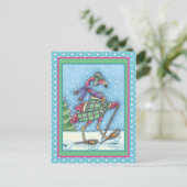 冬のスノーシューズ&コートピンクフラミンゴトレッキング シーズンポストカード (スタンド正面)