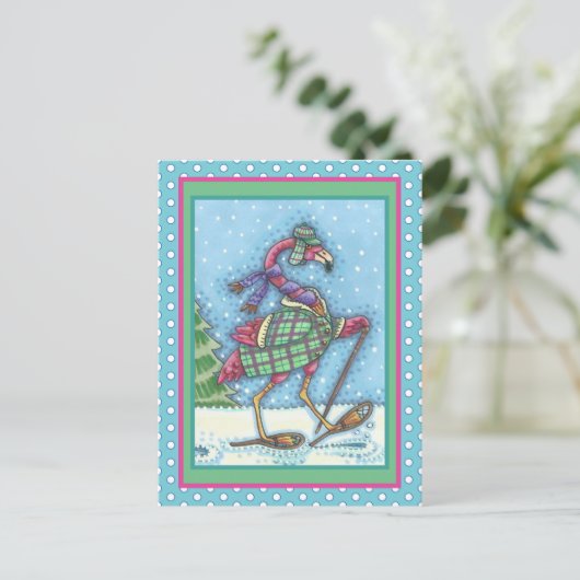 冬のスノーシューズ&コートピンクフラミンゴトレッキング シーズンポストカード (スタンド正面)