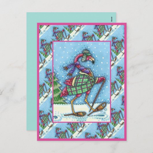 冬のスノーシューズ&コートピンクフラミンゴトレッキング シーズンポストカード (正面/裏面)