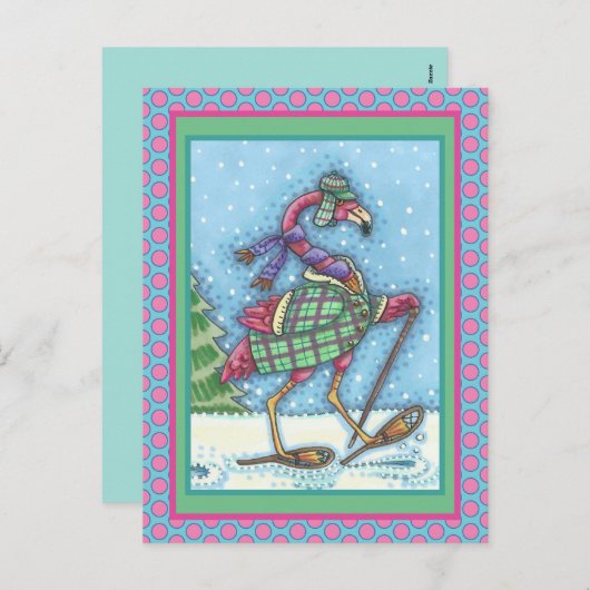 冬のスノーシューズ&コートピンクフラミンゴトレッキング シーズンポストカード (正面/裏面)
