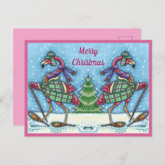 冬のスノーシューズ&コートピンクフラミンゴトレッキング シーズンポストカード (正面/裏面)