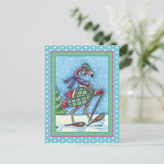 冬のスノーシューズ&コートピンクフラミンゴトレッキング シーズンポストカード (スタンド正面)