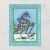 冬のスノーシューズ&コートピンクフラミンゴトレッキング シーズンポストカード (正面)