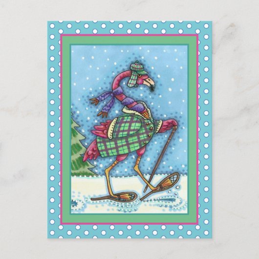 冬のスノーシューズ&コートピンクフラミンゴトレッキング シーズンポストカード (正面)