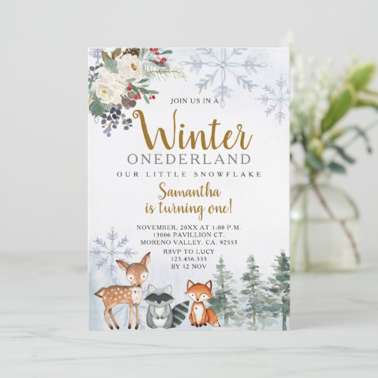 冬のスノーフレークそり誕生日動物ウッドランド 招待状 (スタンド正面)