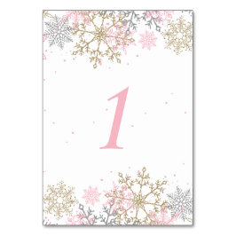 冬のスノーフレークのピンクと金ゴールドの赤ちゃんシャワー テーブルナンバー