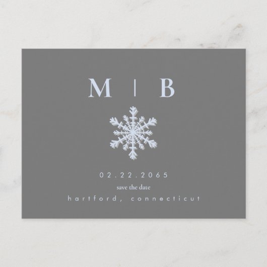 冬のスノーフレークグレー/アイスブルーモノグラム救日付 案内ポストカード (正面)